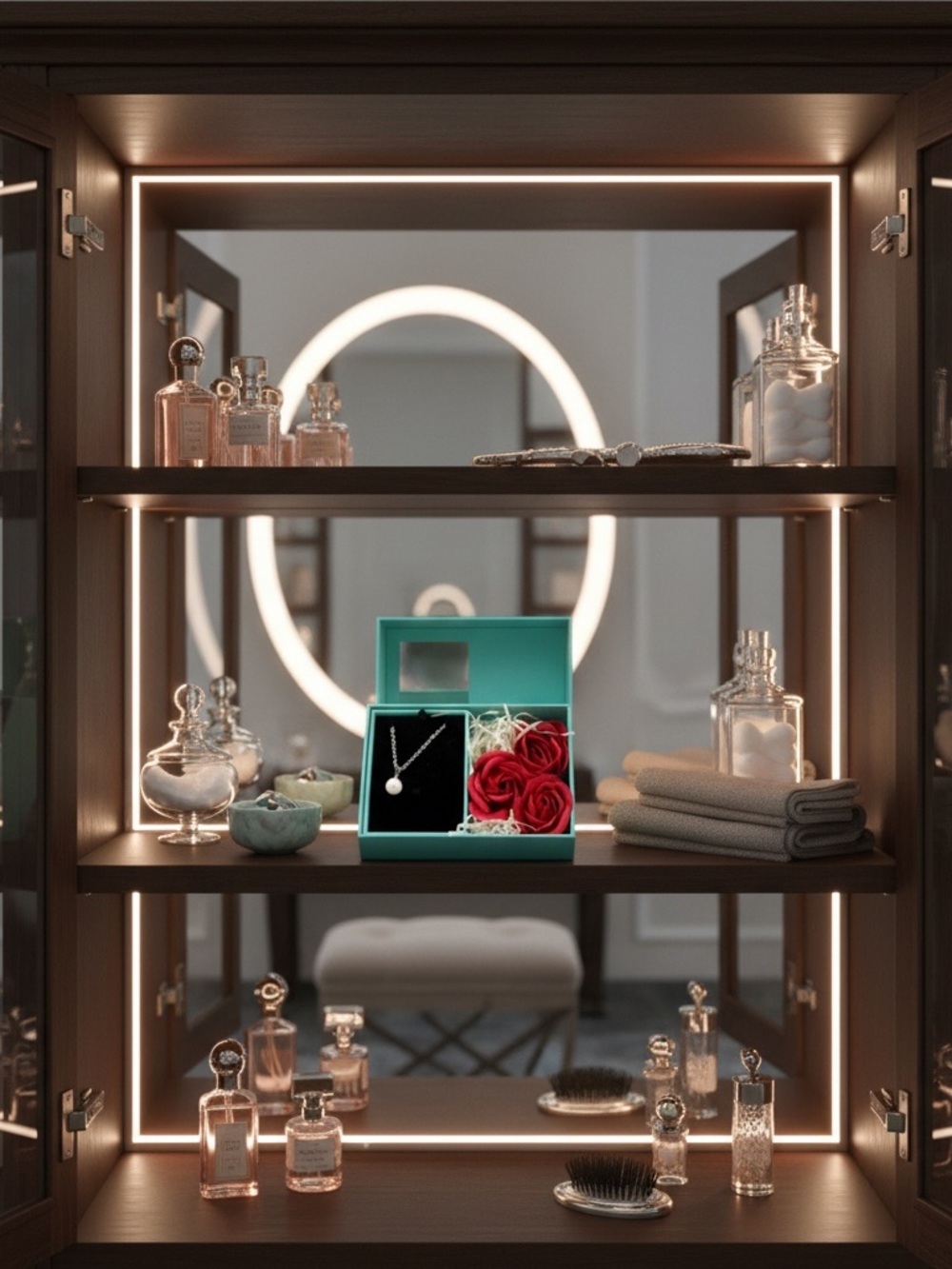 Green fenestration  Silver Pearl Necklace with Red Rose Gift Box